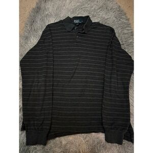 Polo Ralph Lauren Men's L Gray Striped Long Sleeve Knit Polo Shirt Pima Cotton